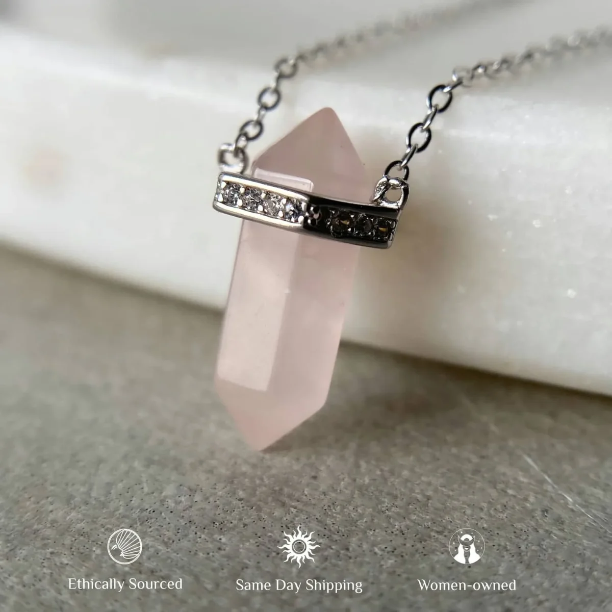 Made with genuine silver 925, this necklace features a beautiful rose quartz point pendant that exudes natural beauty and feminine charm.