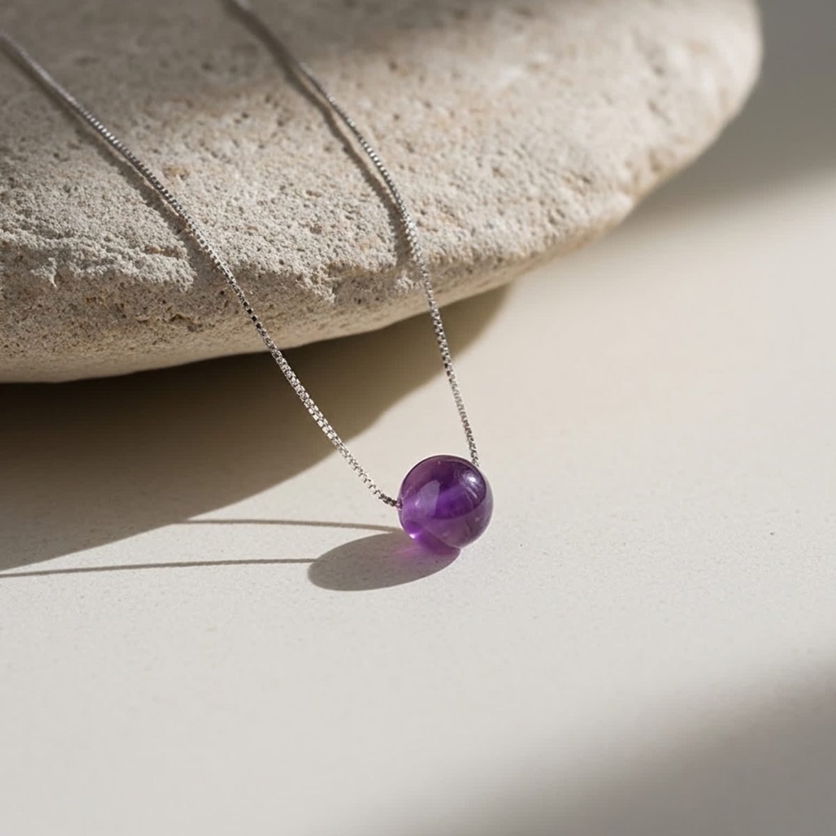 Real amethyst necklace styled on neutral stone background with soft light