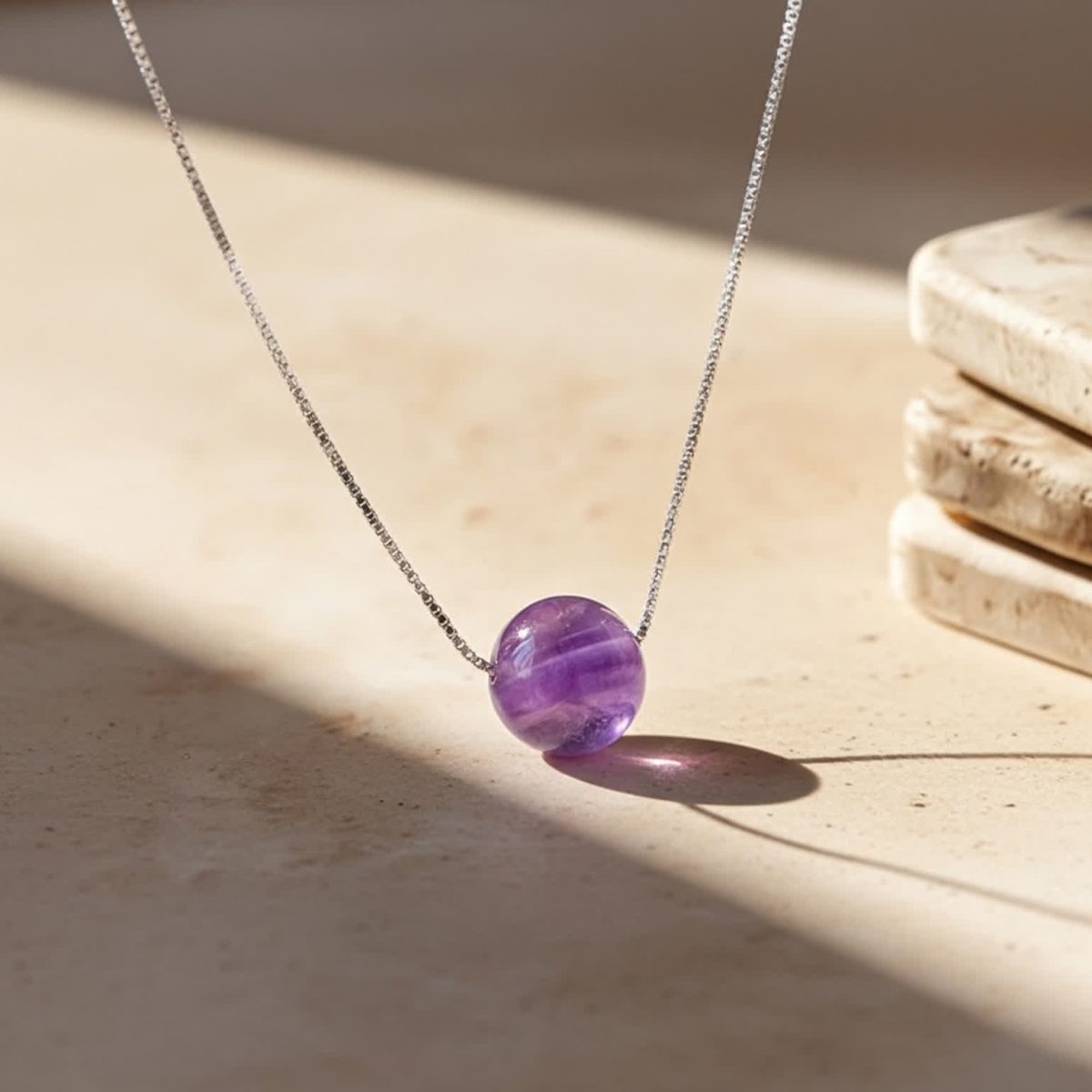 Close view of natural amethyst bead pendant on 925 silver necklace