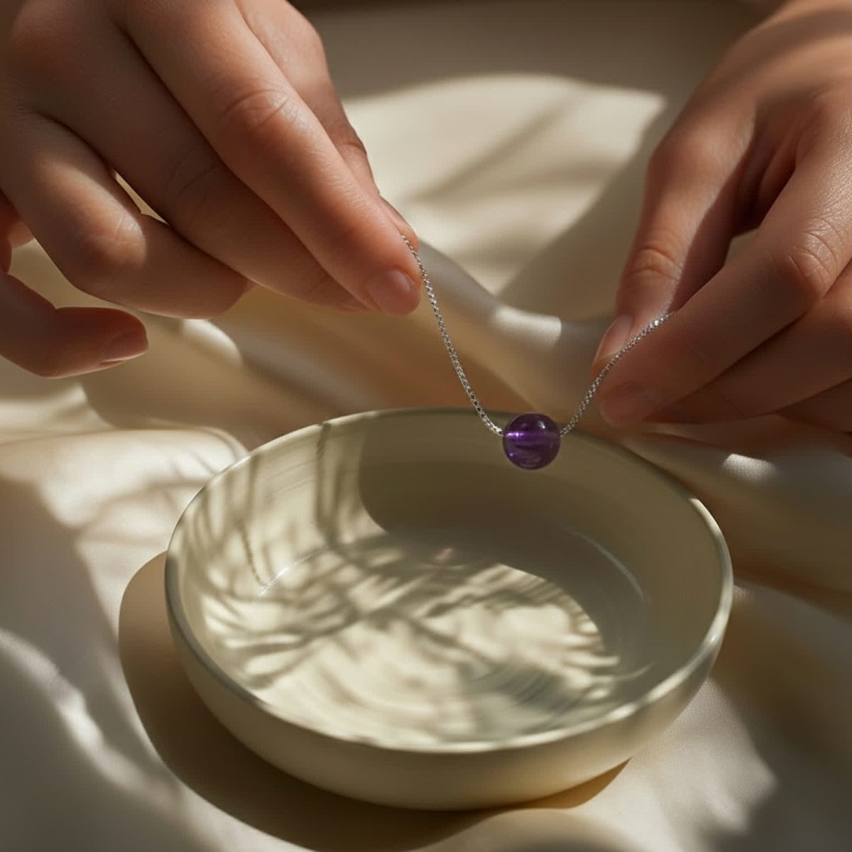 Hand placing genuine amethyst pendant over ceramic bowl in lifestyle setting