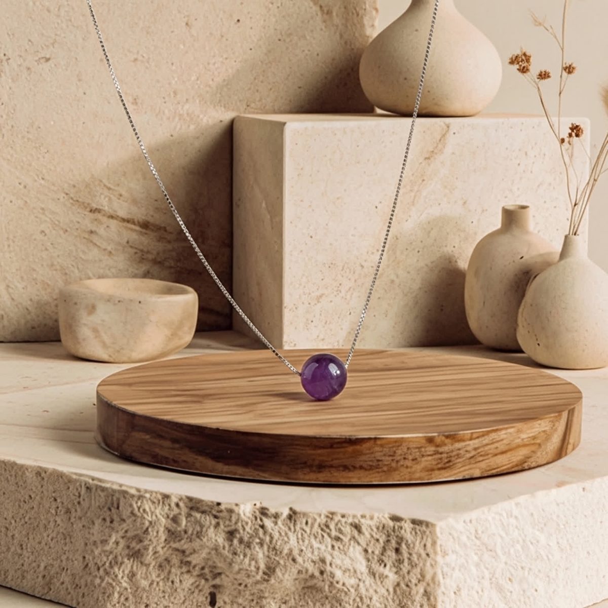 Minimalist February birthstone necklace featuring genuine purple amethyst pendant