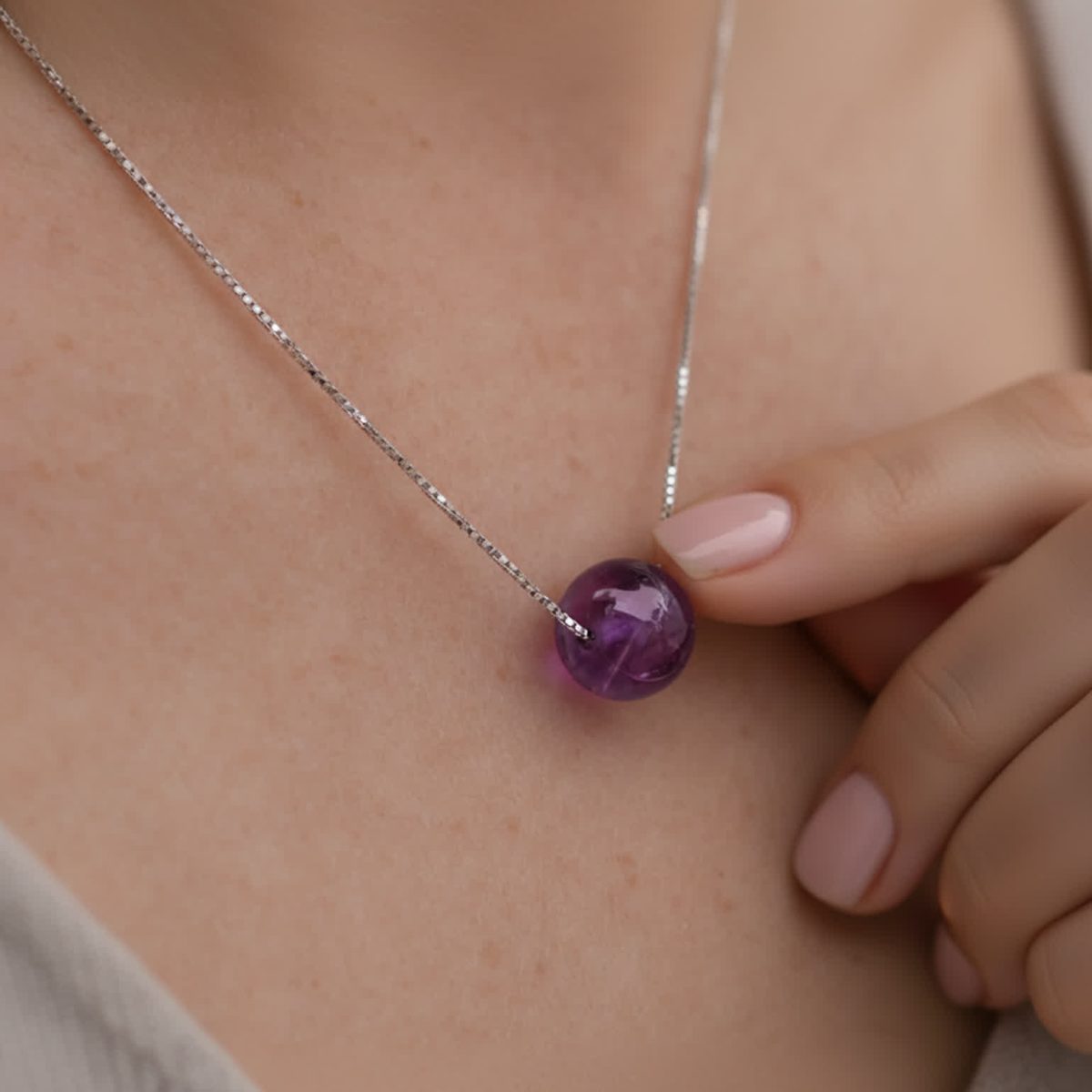 Delicate amethyst necklace with 8mm polished bead on sterling silver chain
