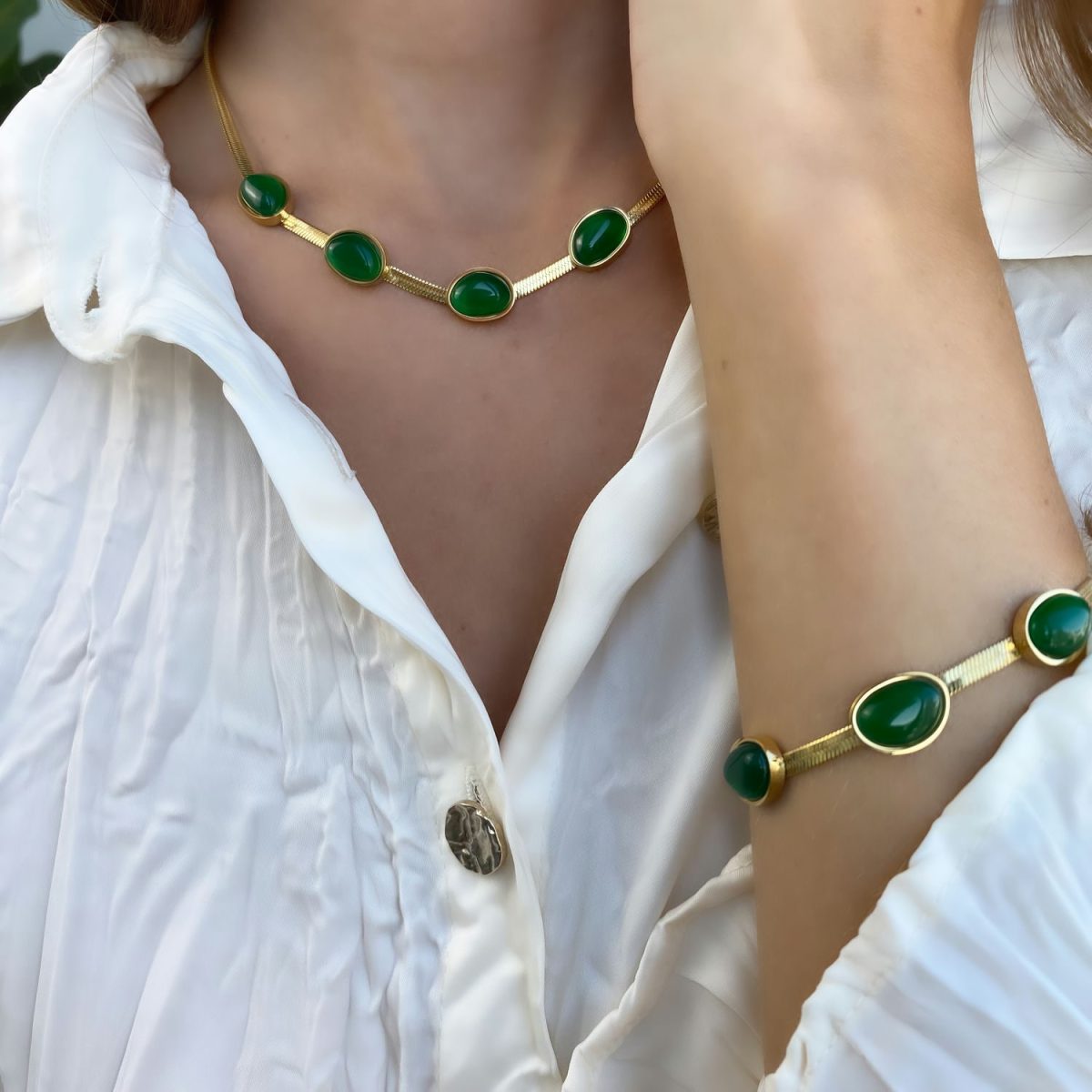 green agate set agate necklace agate bracelet 18k gold plated luxury gemstone jewelry by Asana Crystals
