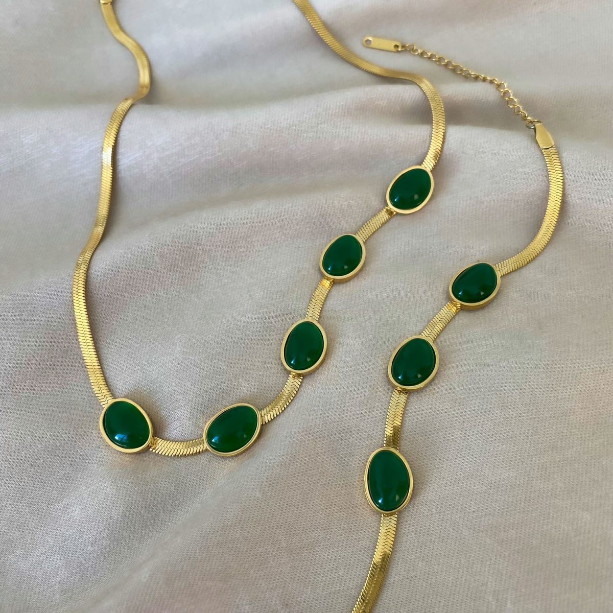 green agate set agate necklace agate bracelet 18k gold plated luxury gemstone jewelry by Asana Crystals