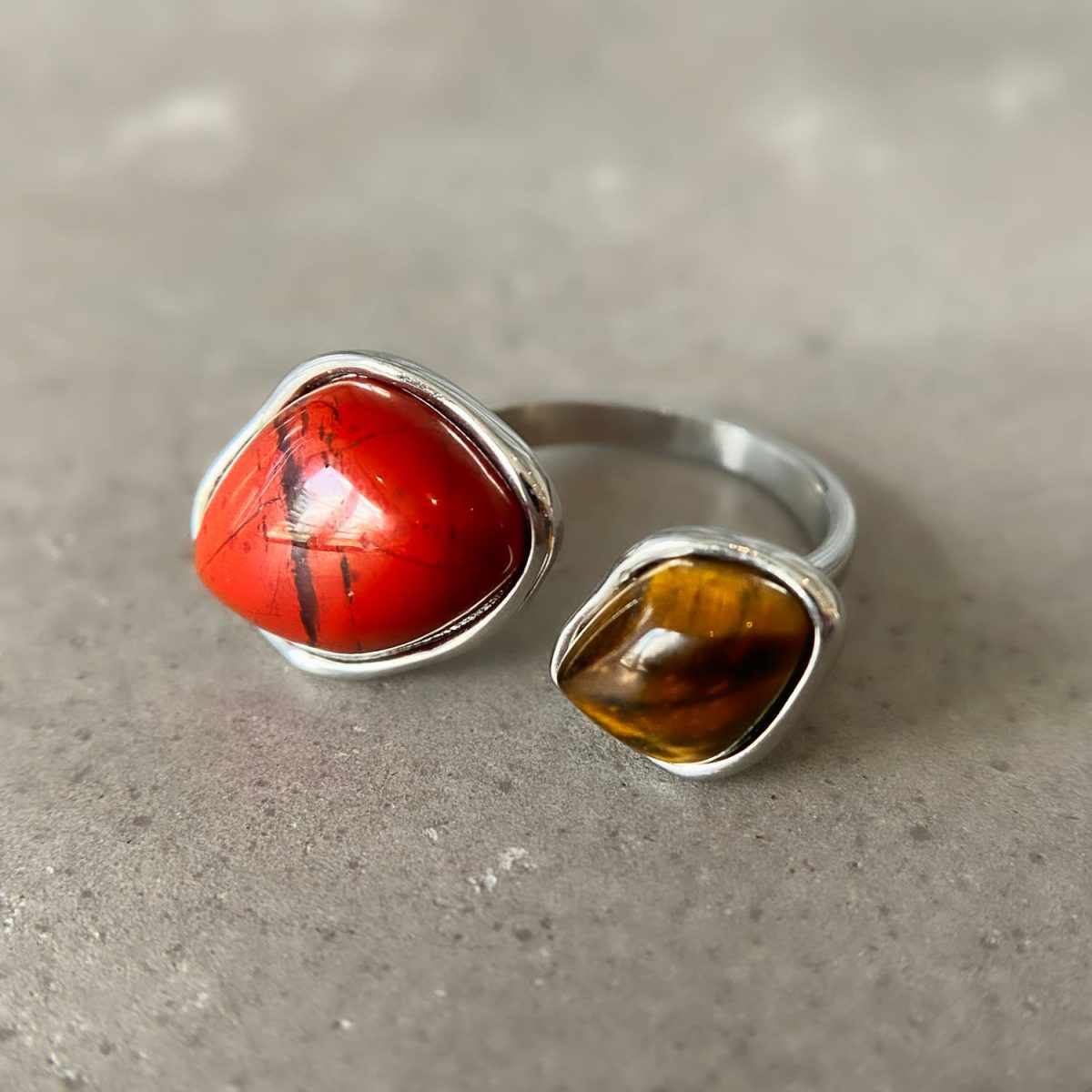 double ring double stone ring tiger eye jasper ring two stones silver 925 asana crystals