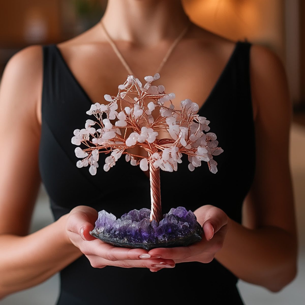 rose quartz crystal tree feng shui bonsai tree model holding asana crystals product