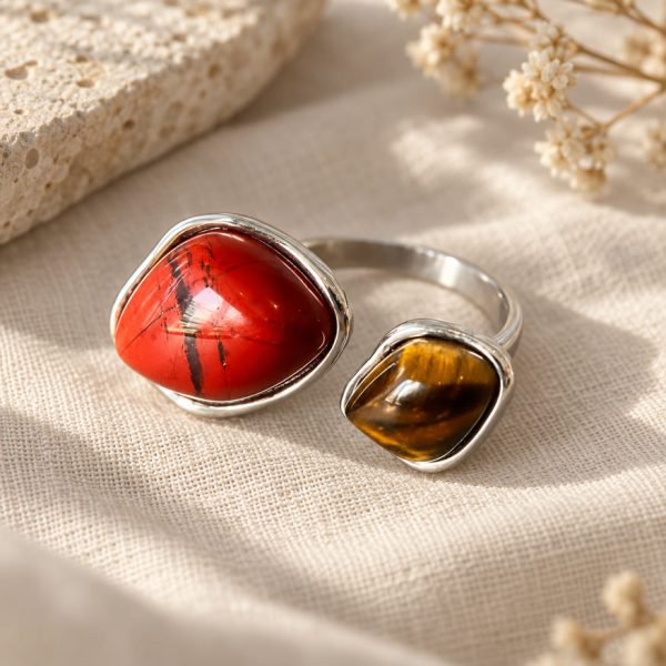 Double Ring Tiger's Eye & Red Jasper Silver Two Stone Ring