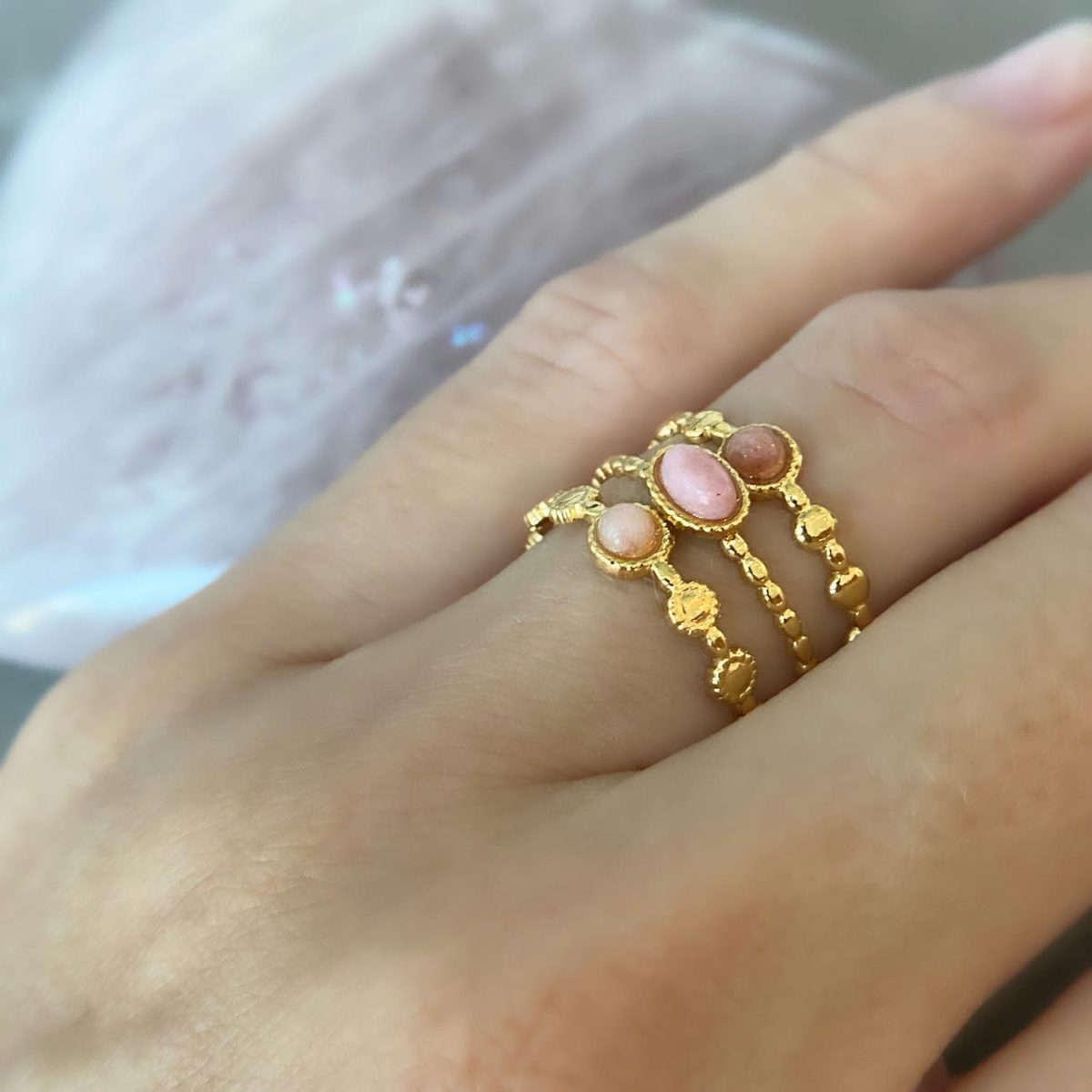 Authentic Dialogite Ring 18k Gold Plated Pink Dialogite Gemstone Hug Ring - Shop Authentic Rings by ASANA - Pink Gemstone Hug Ring 18k