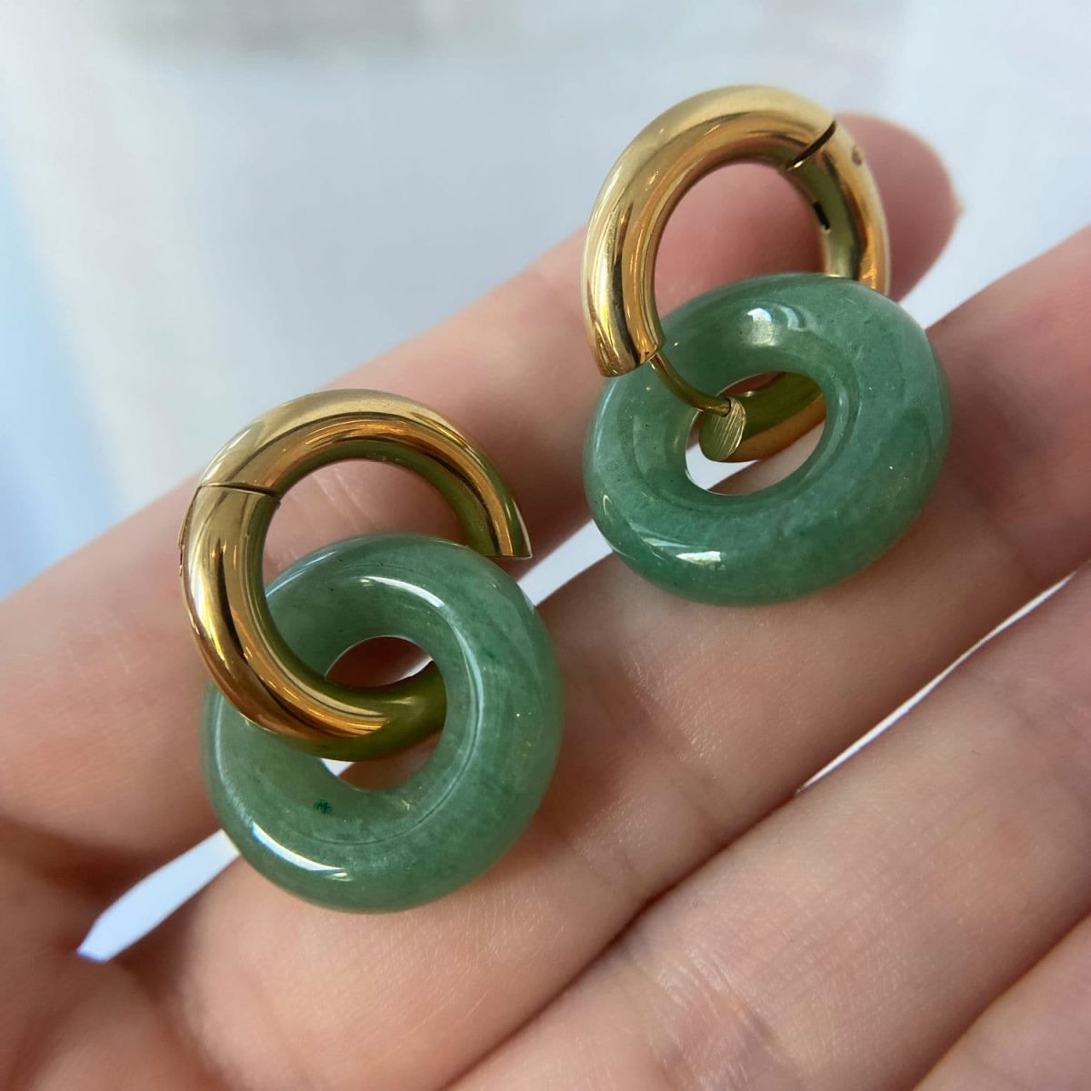 green aventurine earrings crystal huggie hoop earrings donut earring 18k womens green gemstone earrings