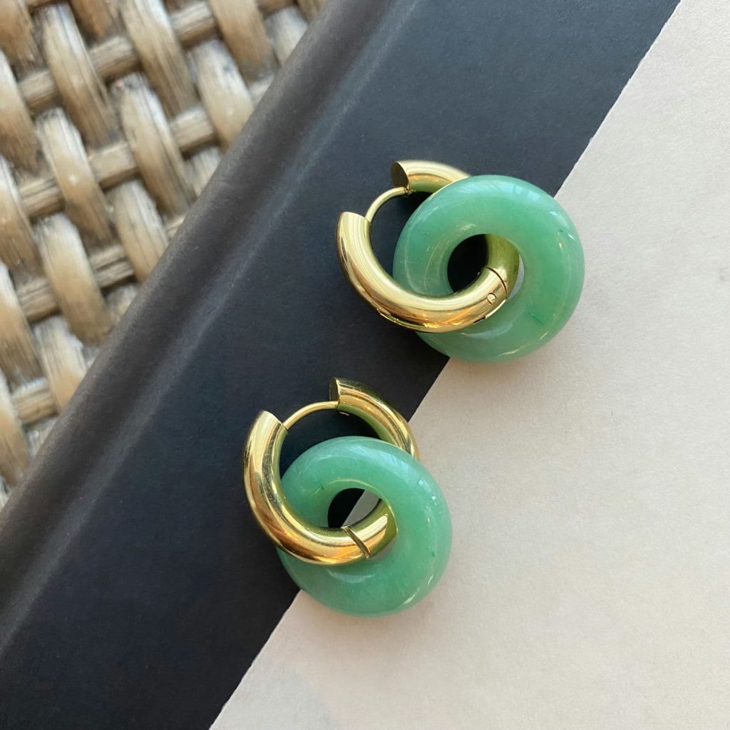 green aventurine earrings crystal huggie hoop earrings donut earring 18k womens green gemstone earrings