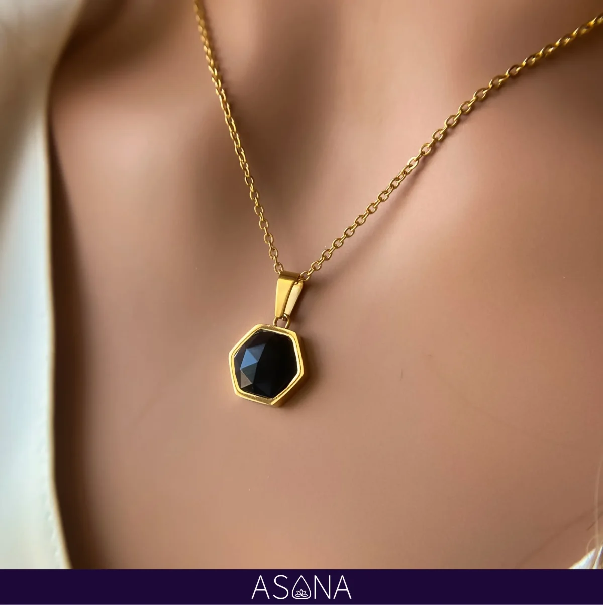 hexagonal black agate pendant crystal necklace 18k gold plated amulet jewelry for women bohemian style blonde usa model wearing necklace