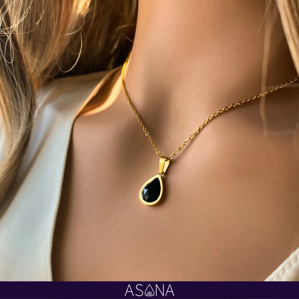 pear shaped crystal necklace black agate drop gold 18k asana