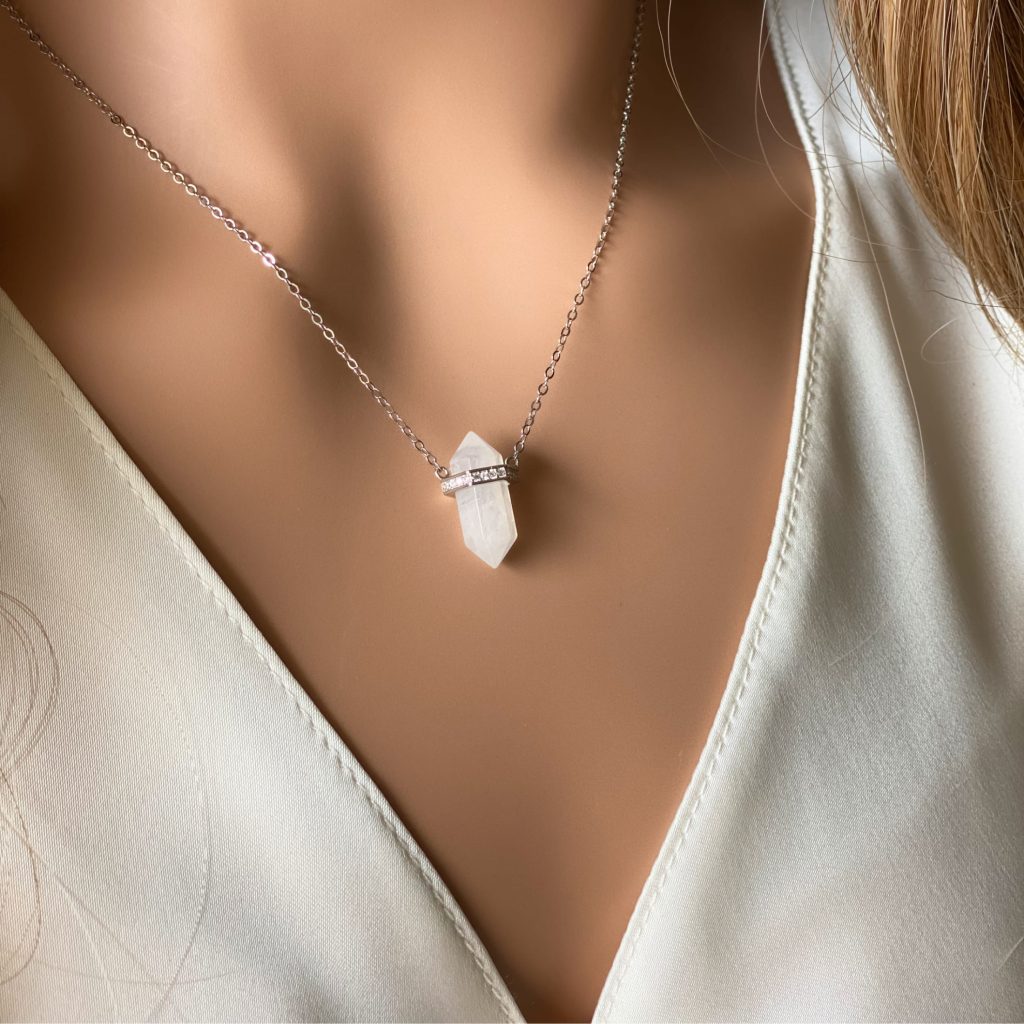 moonstone necklace silver crstal necklace moonstone pendant gemstone necklace moonstone jewelry crystal point asana crystals model wearing moonstone jewelry point charm necklace gemstone necklace with natural moonstone point charm