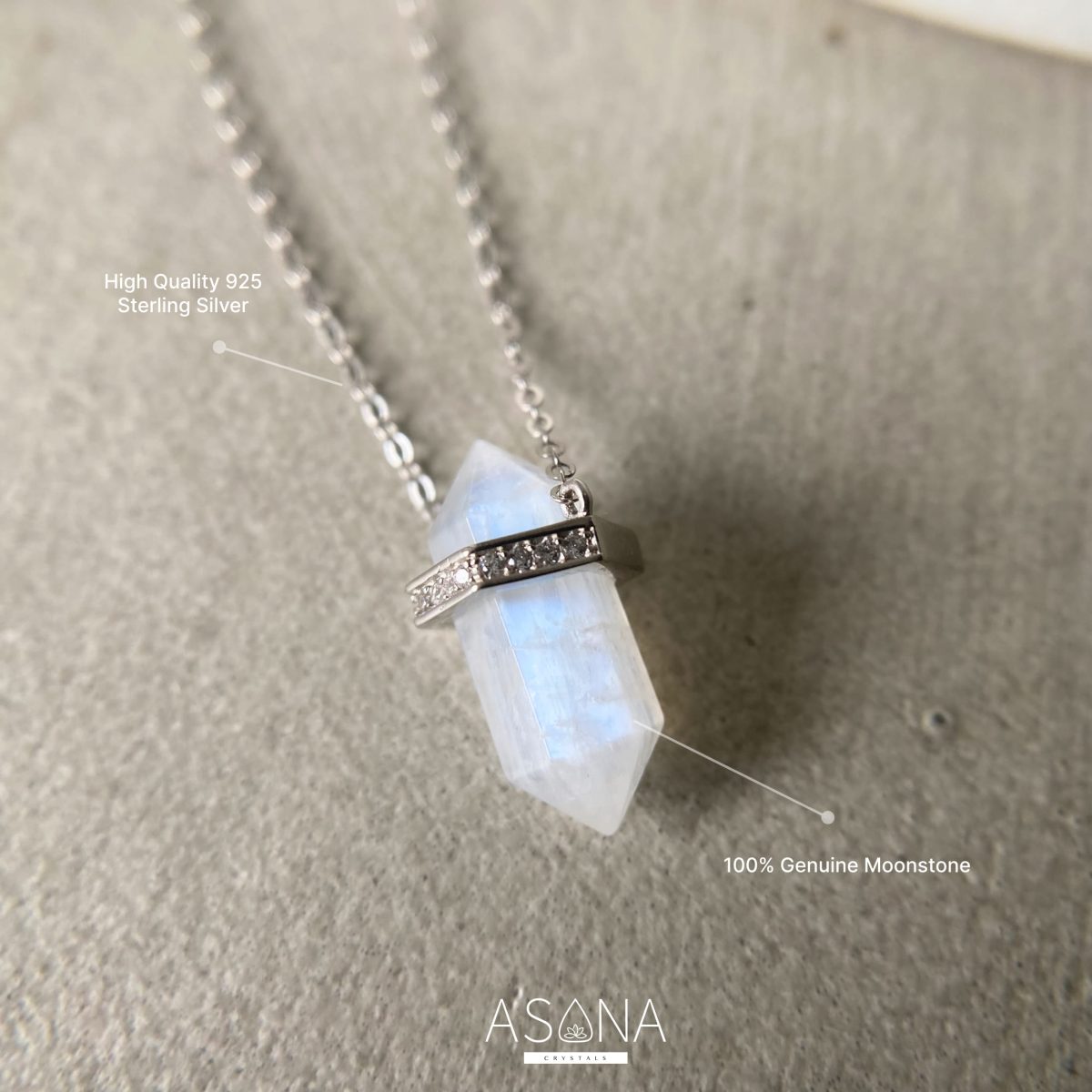 moonstone necklace silver crstal necklace moonstone pendant gemstone necklace moonstone jewelry crystal point asana crystals model wearing moonstone jewelry point charm necklace gemstone necklace with natural moonstone point charm