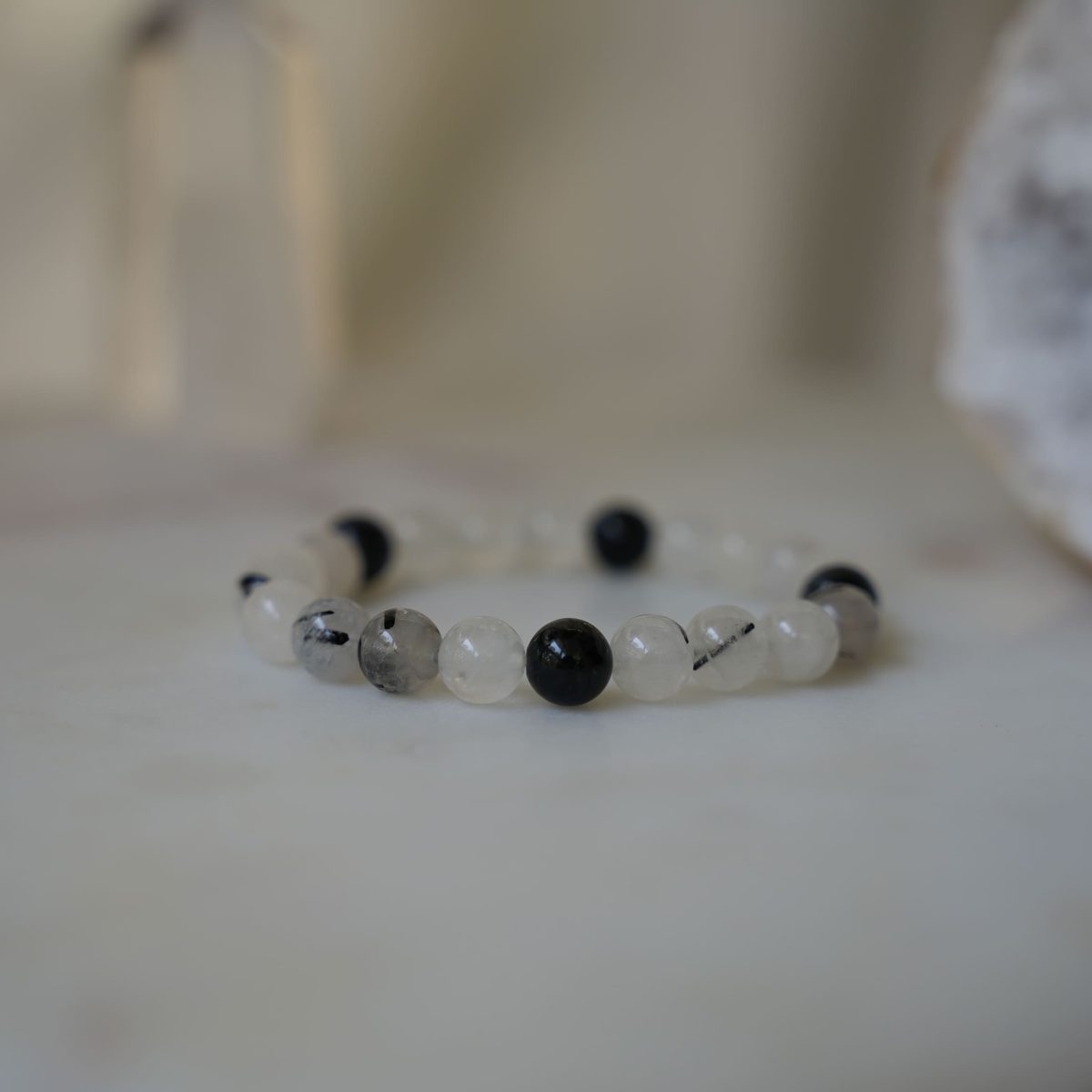 Black Tourmalinated Quartz Bracelet Natural Crystal Beaded Bracelet Clear Quartz and Tourmaline Gemstone Bracelet