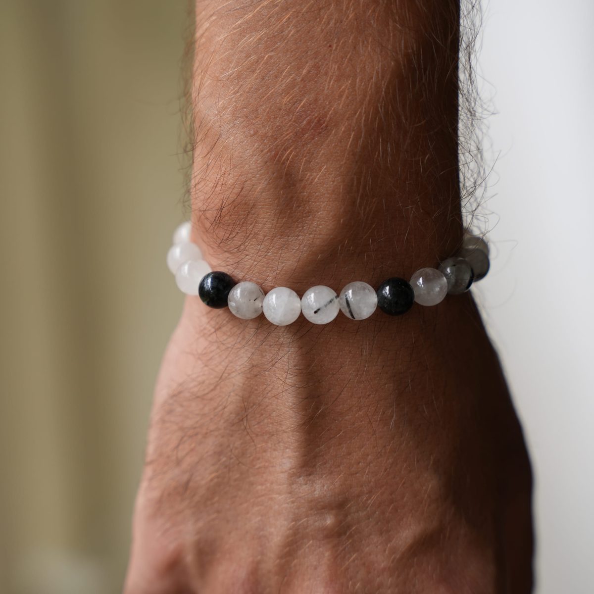Black Tourmalinated Quartz Bracelet Natural Crystal Beaded Bracelet Clear Quartz and Tourmaline Gemstone Bracelet