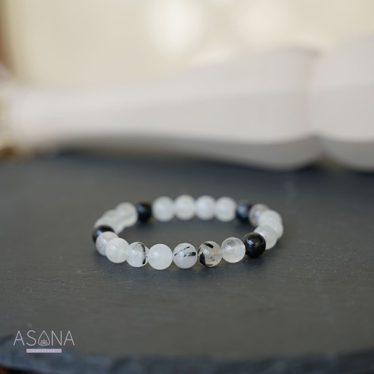 Black Tourmalinated Quartz Bracelet Natural Crystal Beaded Bracelet Clear Quartz and Tourmaline Gemstone Bracelet