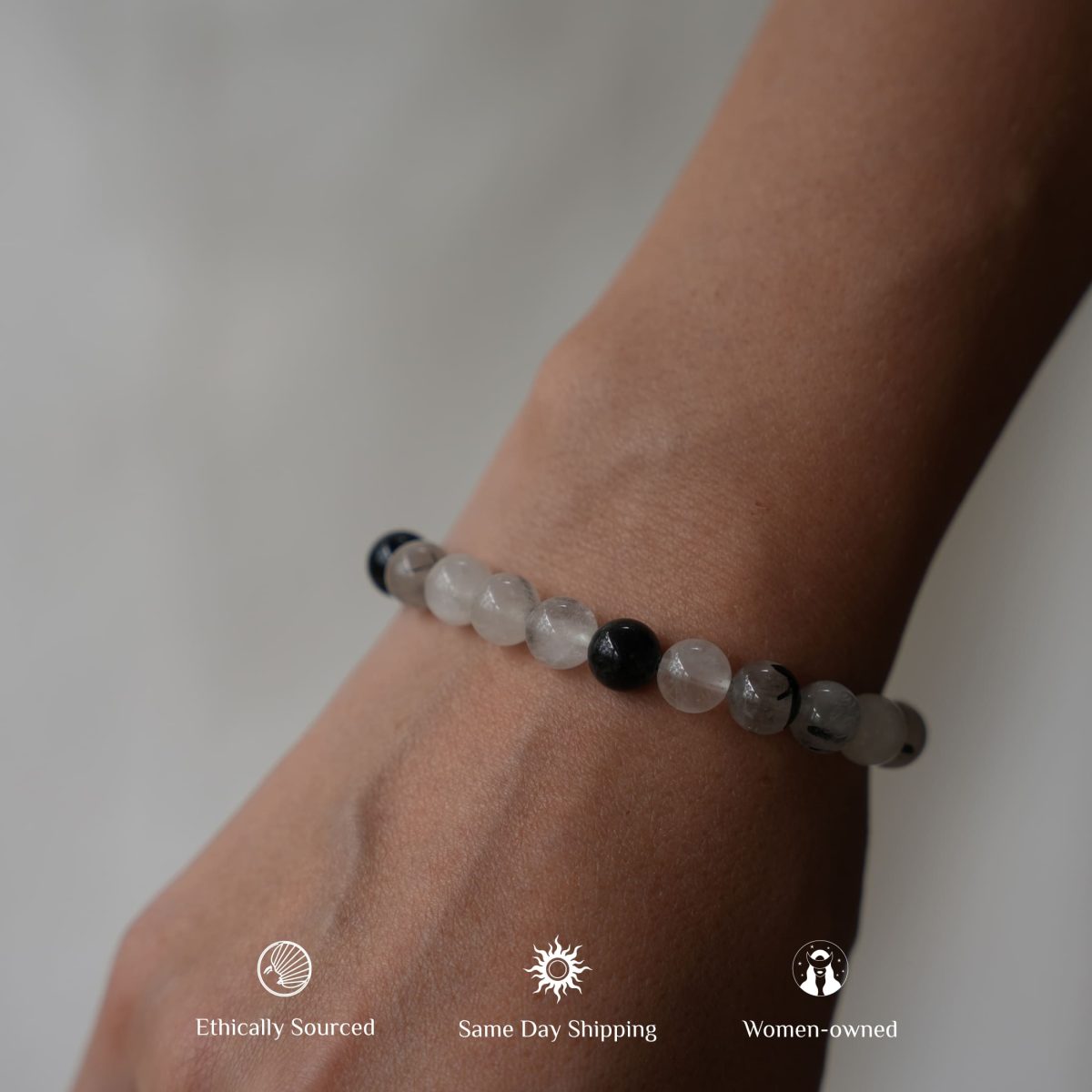 Black Tourmalinated Quartz Bracelet Natural Crystal Beaded Bracelet Clear Quartz and Tourmaline Gemstone Bracelet