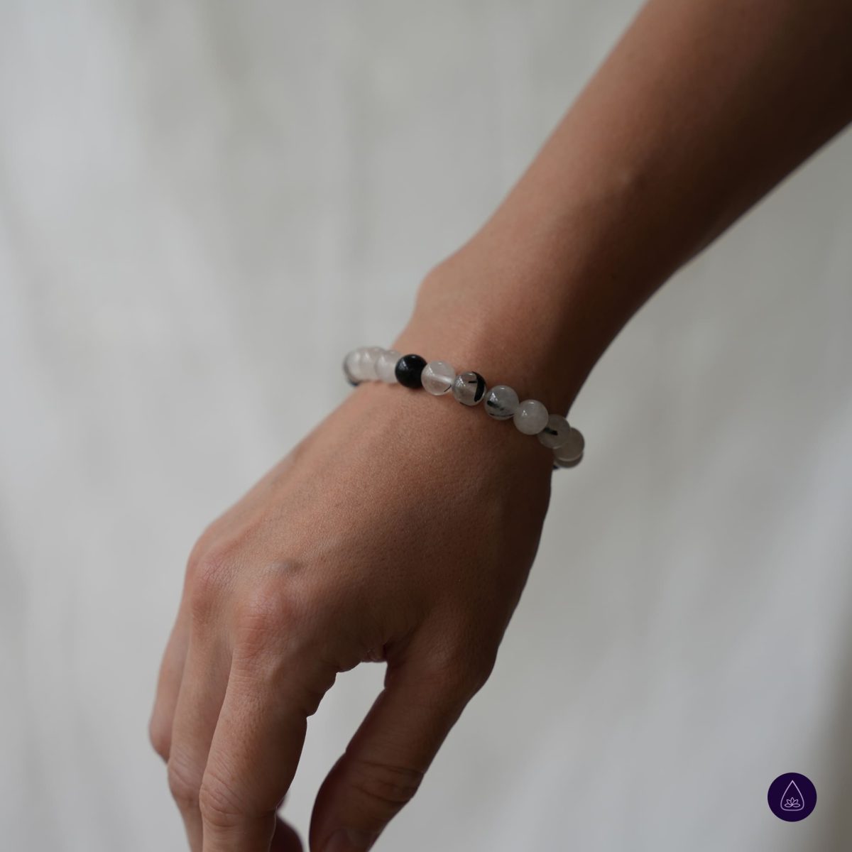 Black Tourmalinated Quartz Bracelet Natural Crystal Beaded Bracelet Clear Quartz and Tourmaline Gemstone Bracelet