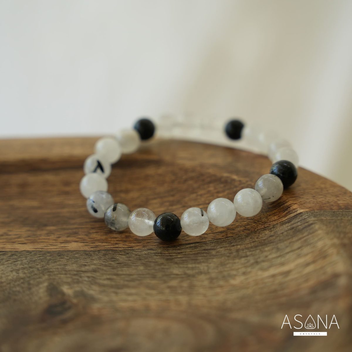 Black Tourmalinated Quartz Bracelet Natural Crystal Beaded Bracelet Clear Quartz and Tourmaline Gemstone Bracelet