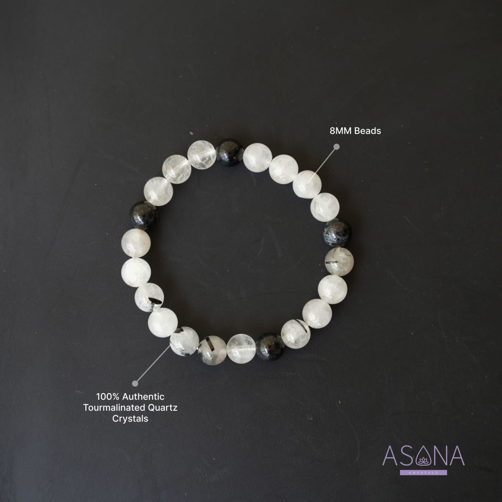 Black Tourmalinated Quartz Bracelet Natural Crystal Beaded Bracelet Clear Quartz and Tourmaline Gemstone Bracelet