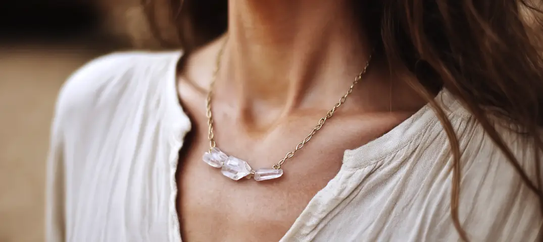 crystal jewelry on model neck Asana branded crystal gifts