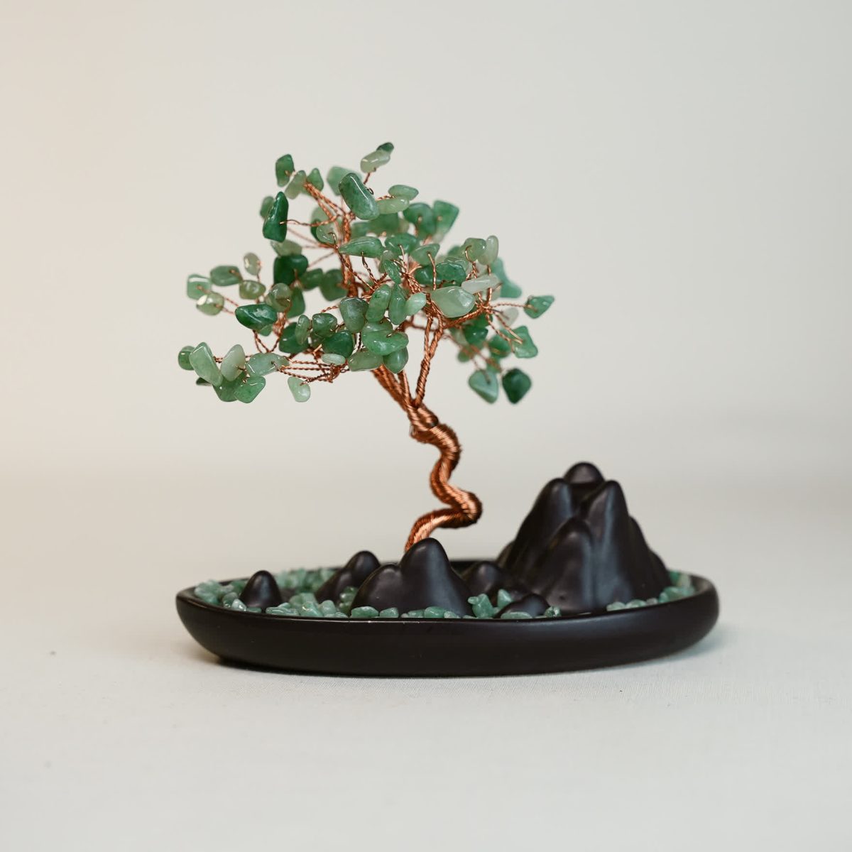 Jade bonsai tree styled in Zen garden with black rocks and green stones