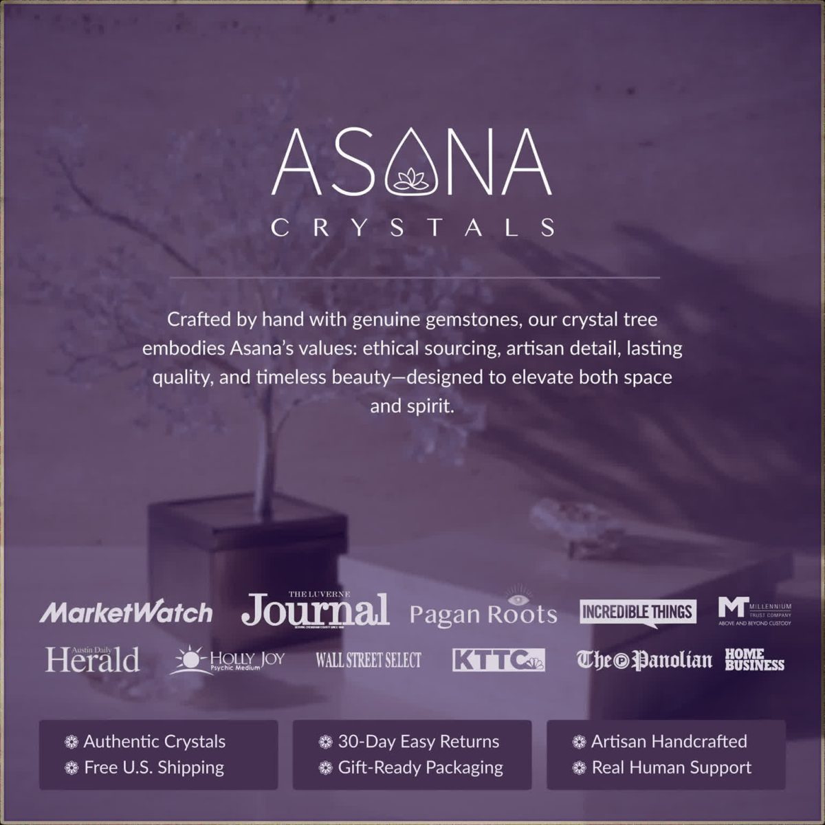 Asana Crystals brand values showcasing handcrafted crystal trees made with natural gemstones