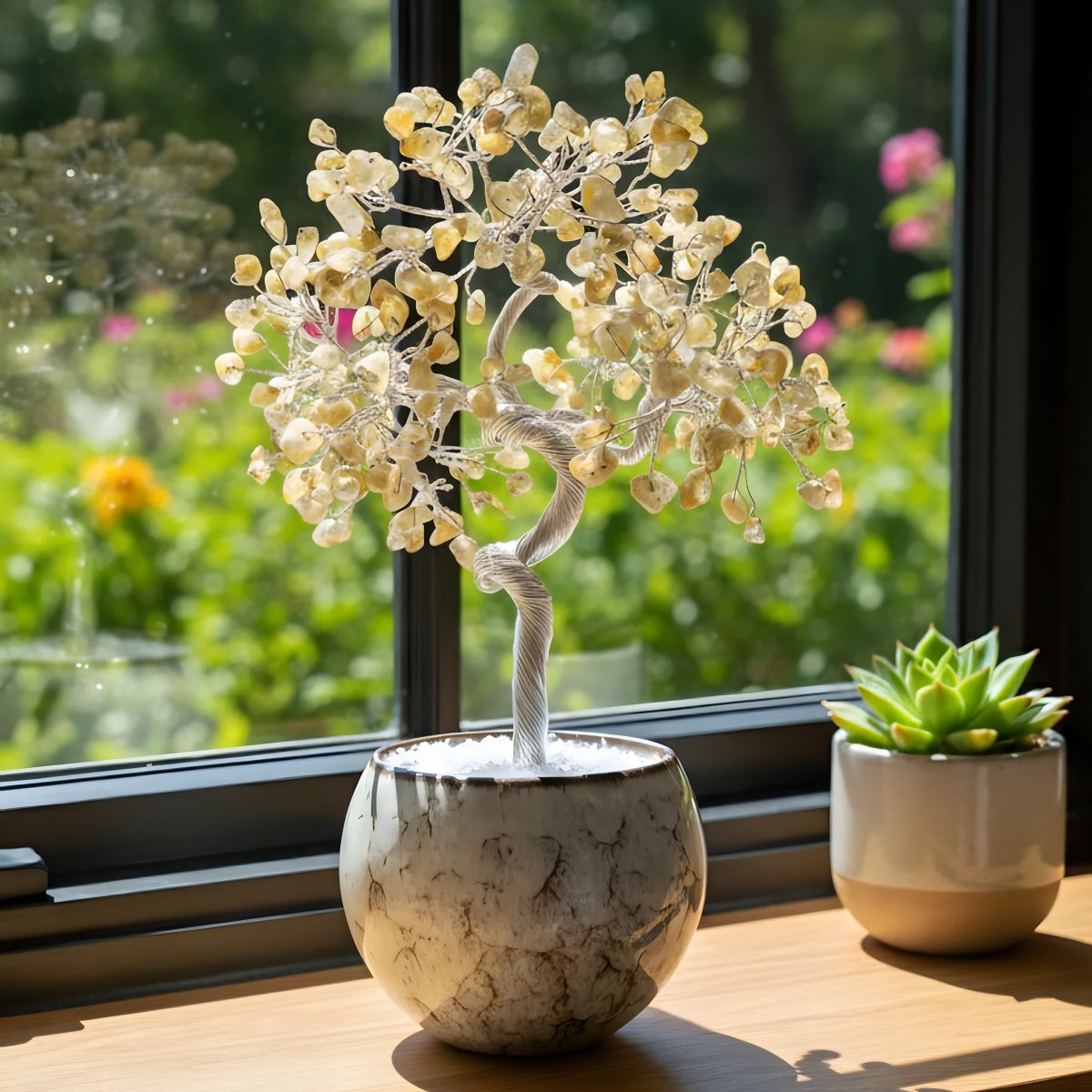 citrine gemstone tree of life near window with natural light home decor