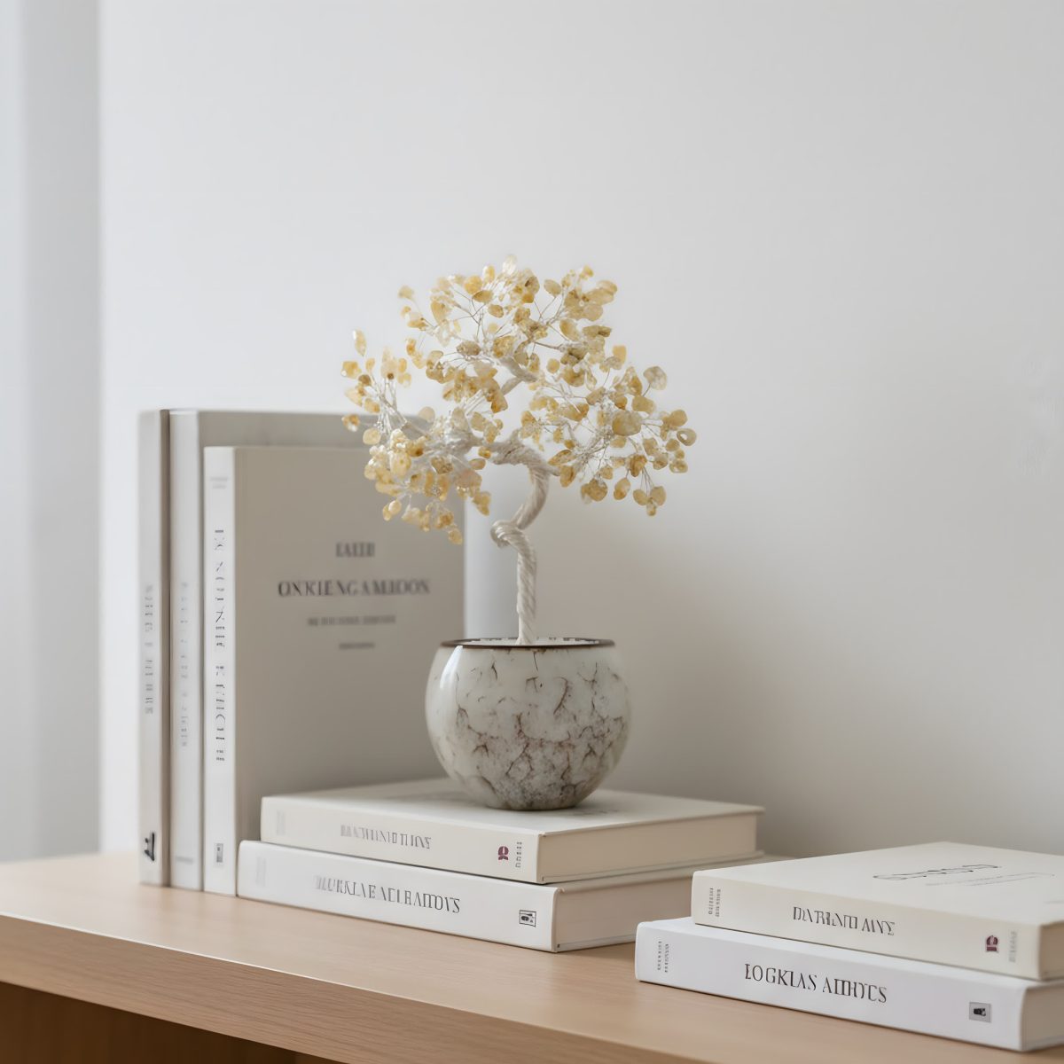 citrine gemstone tree of life styled on shelf with books minimalist home decor