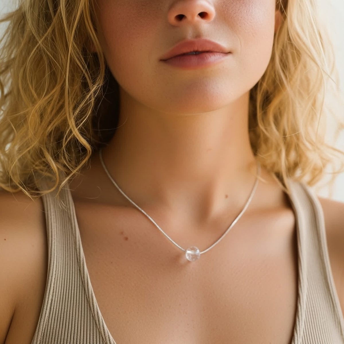 model wearing genuine clear quartz pendant on sterling silver chain