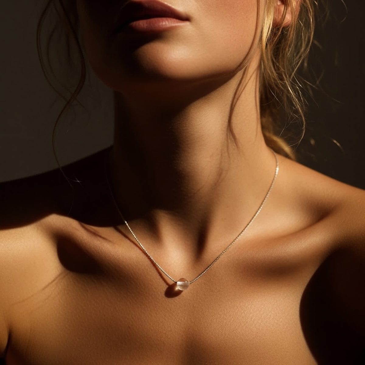 Hand holding genuine clear quartz pendant on sterling silver chain