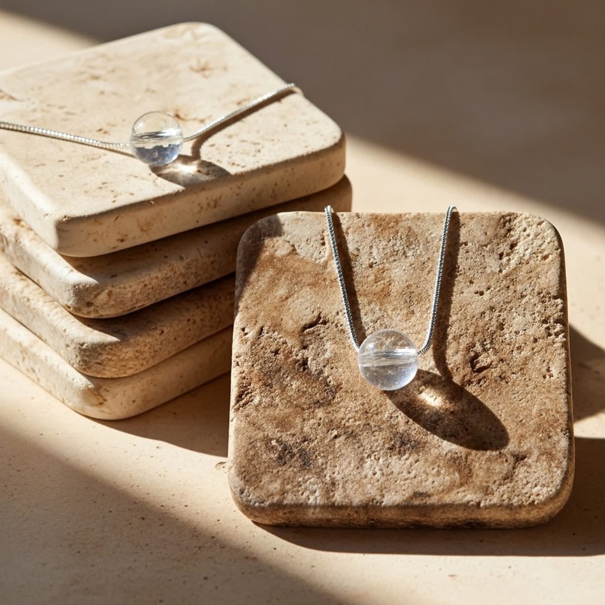 Clear quartz silver jewelry necklace layered with delicate chains