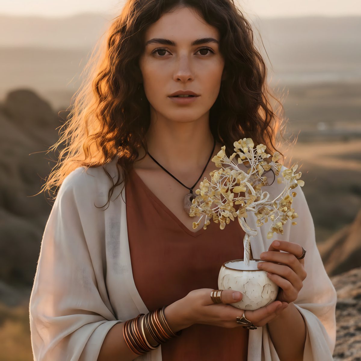 woman holding citrine crystal tree of life handmade gemstone decor