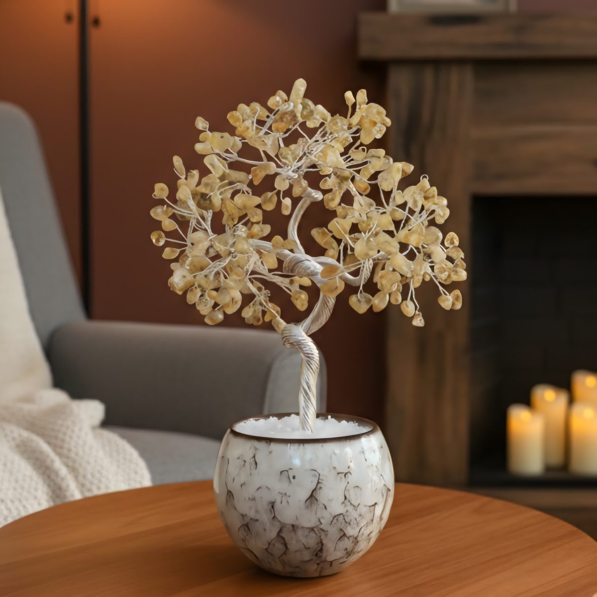 citrine crystal tree of life on wooden table warm interior decor setting