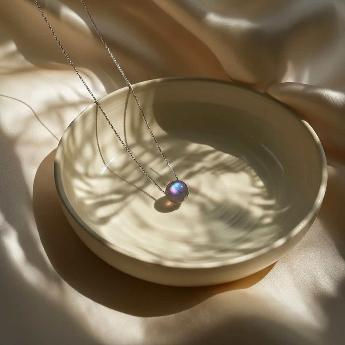 Natural labradorite bead pendant resting in ceramic bowl with silver chain