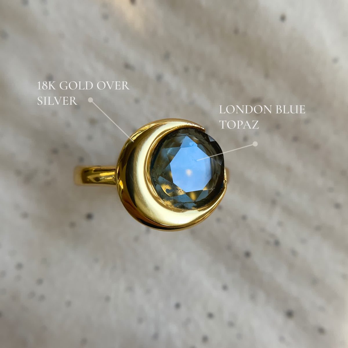 Close-up of london blue topaz ring showing diamond-cut stone and polished gold edge.