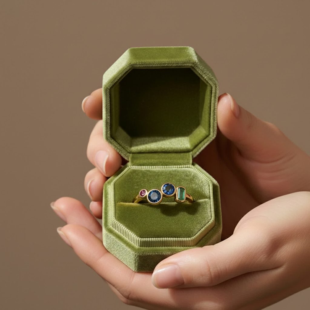 London blue topaz ring displayed inside green velvet box with gold band and mixed gemstones.