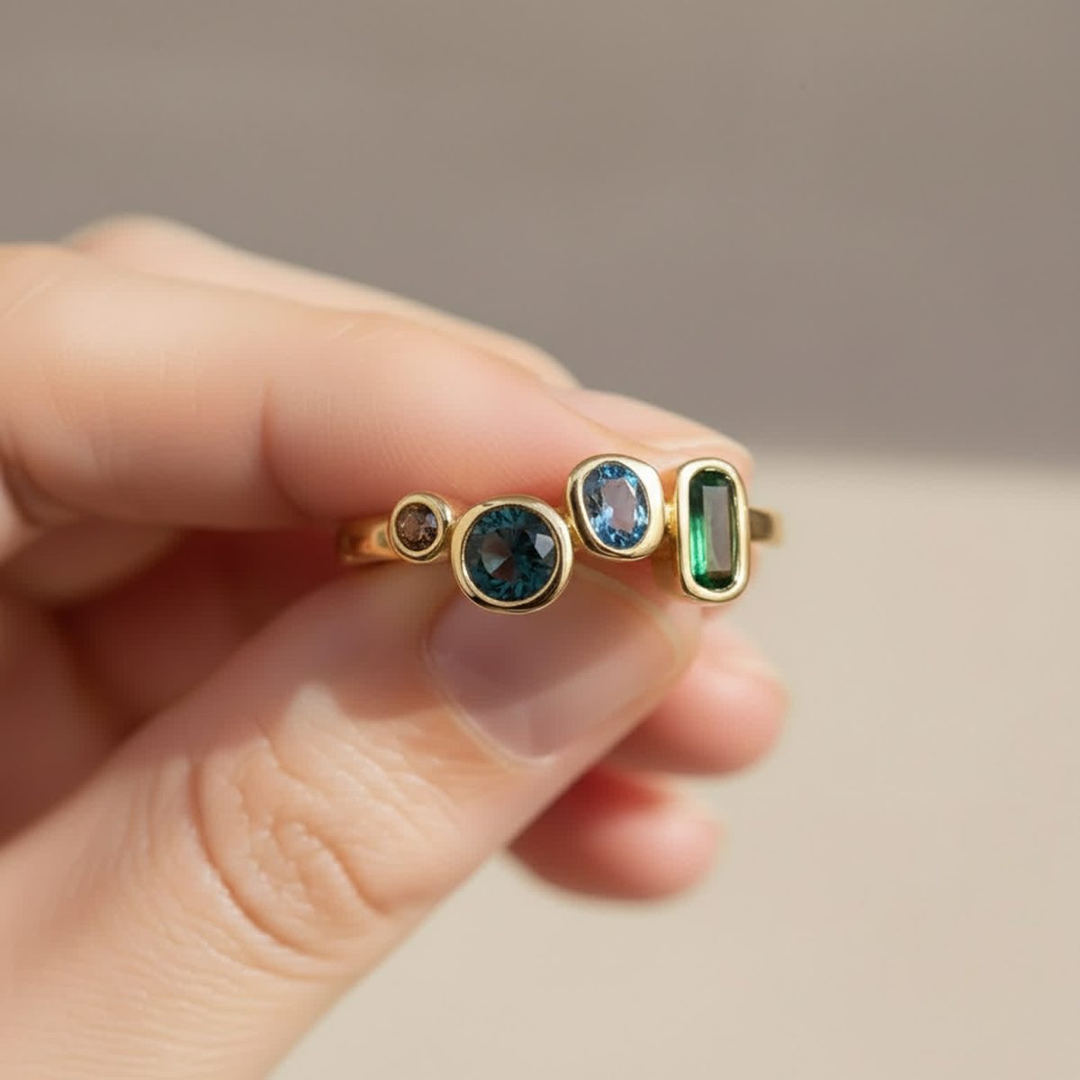 Close-up of london blue topaz ring held between fingers showing stone clarity and gold finish.