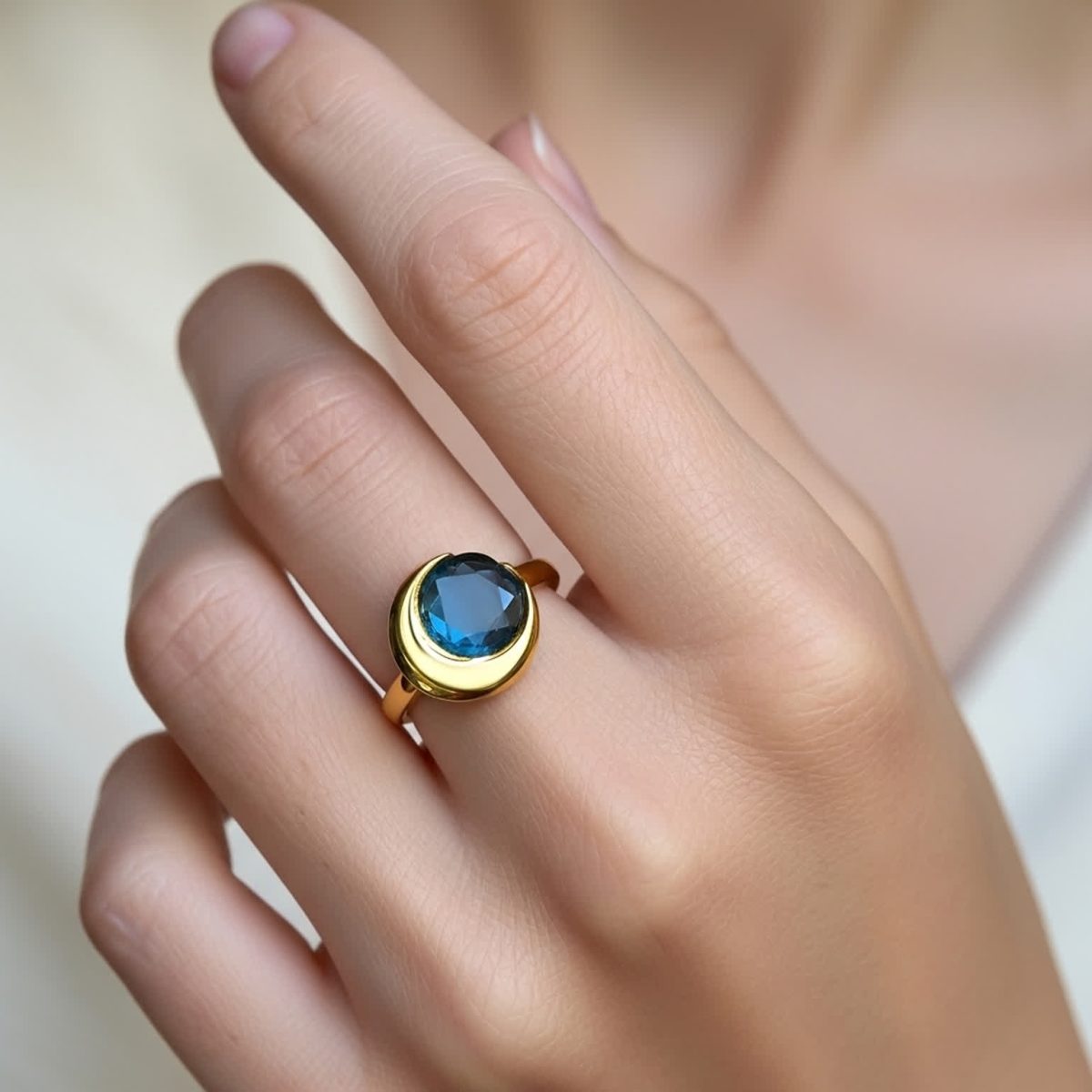 London blue topaz ring worn on hand showing moonlight glow and feminine proportions.