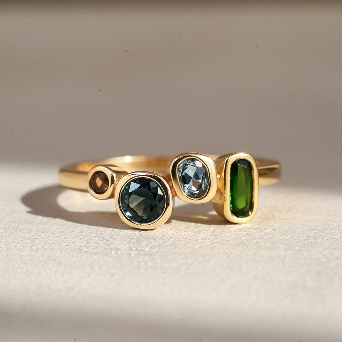 Asana Crystals branded visual featuring a london blue topaz ring with refined modern gemstone design.