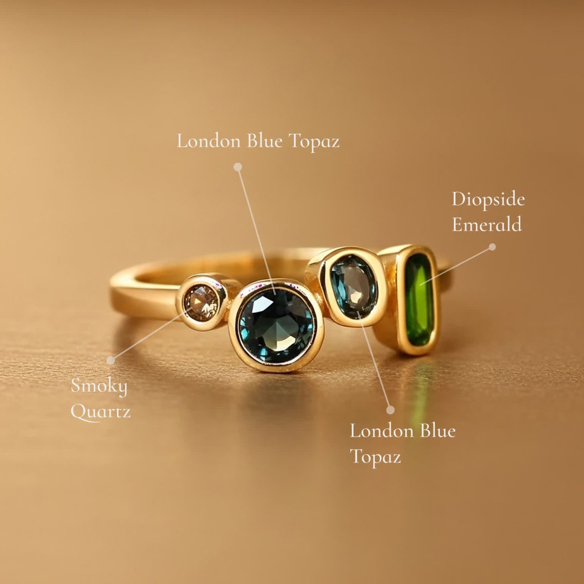 london blue topaz multi gemstone ring with emerald and smoky quartz 18k gold plated over silver