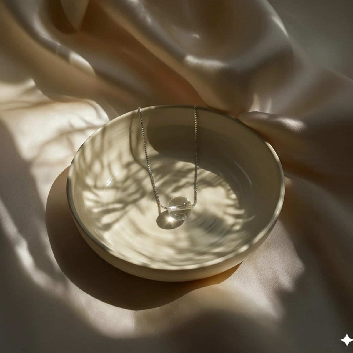 Close view of clear quartz pendant showing smooth transparent surface