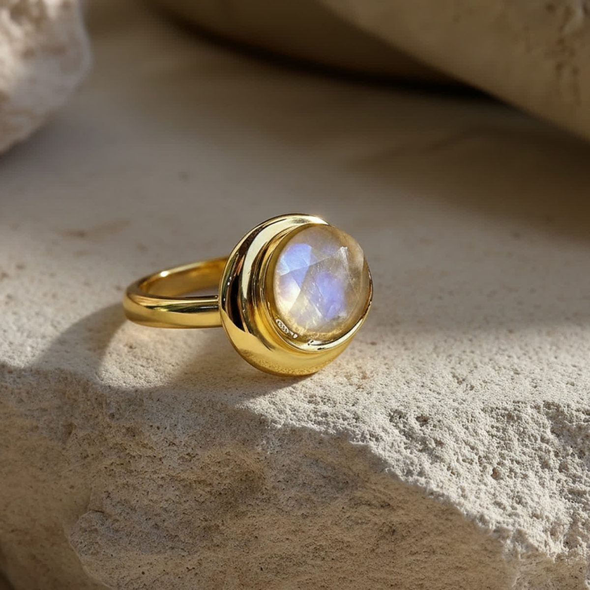 Moonstone ring photographed on natural stone background for an organic, high-end look.