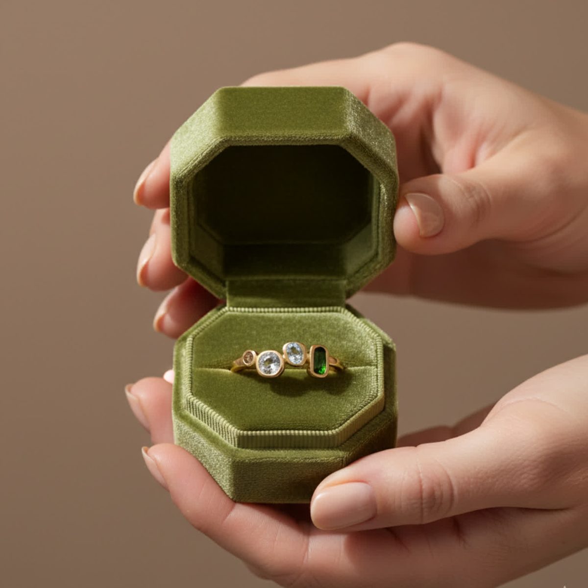 Gift presentation of a multi-colored gemstone ring inside a green velvet ring box.
