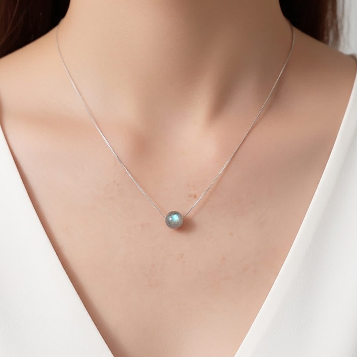 Minimalist labradorite necklace silver 925 sterling on female neckline