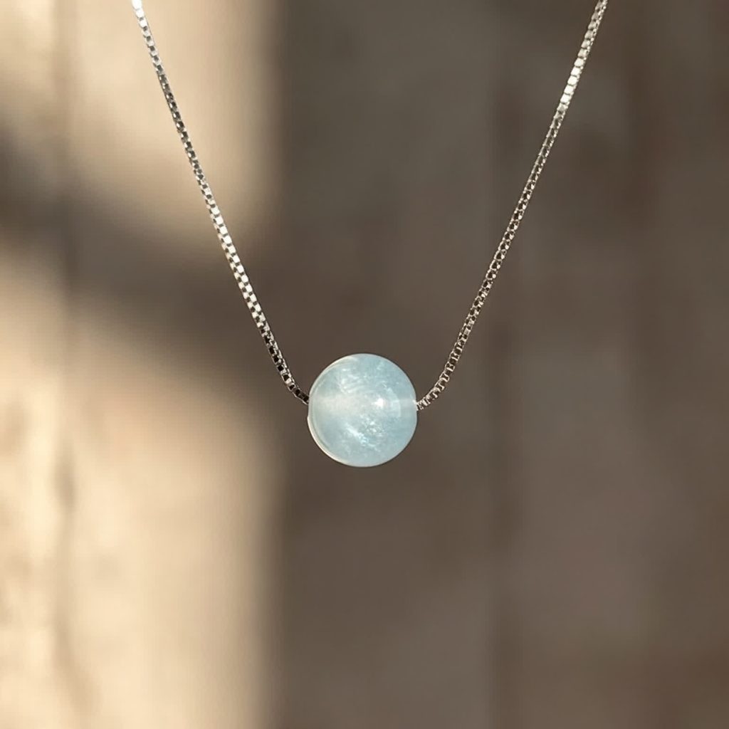Aquamarine birthstone jewelry necklace with light blue 8mm bead pendant
