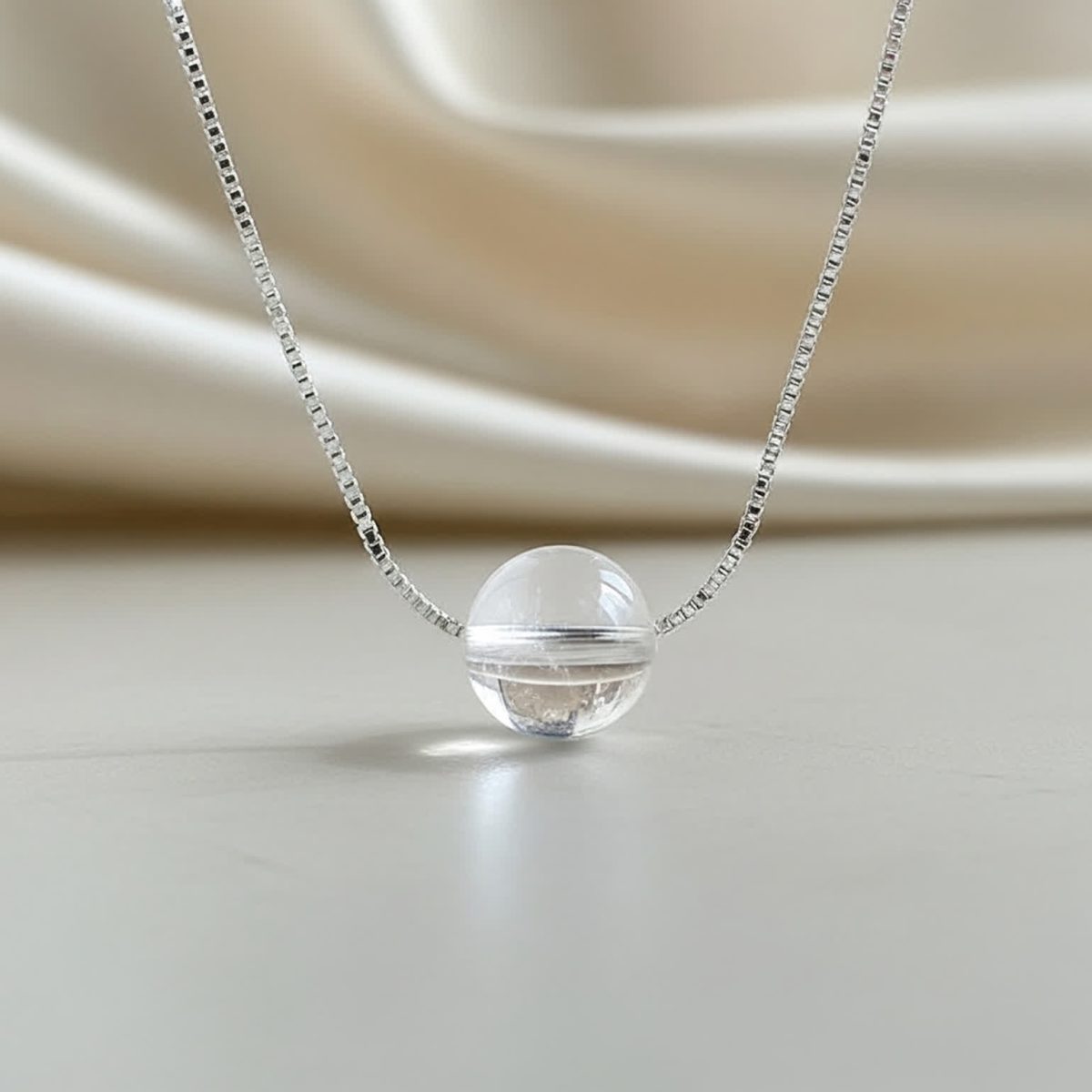 Clear quartz bead necklace resting on neutral fabric background