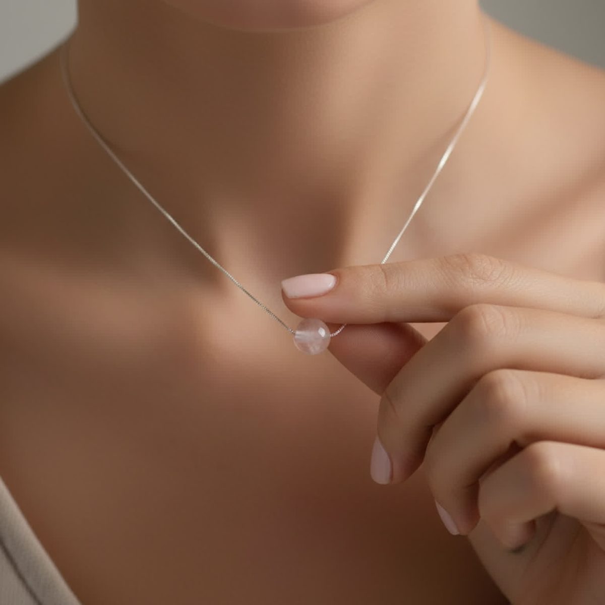Hand holding natural rose quartz pendant on silver chain