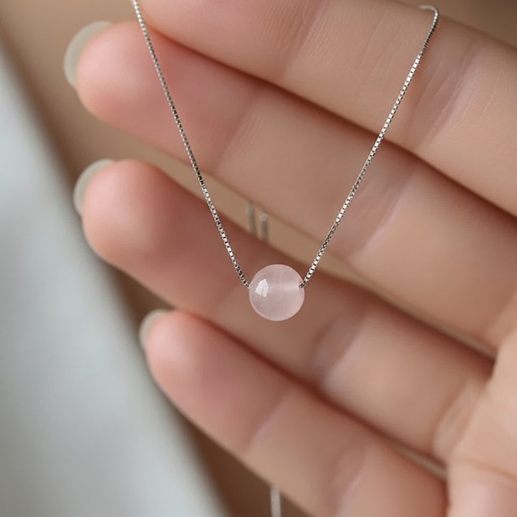 Close view of 8mm rose quartz bead necklace pendant